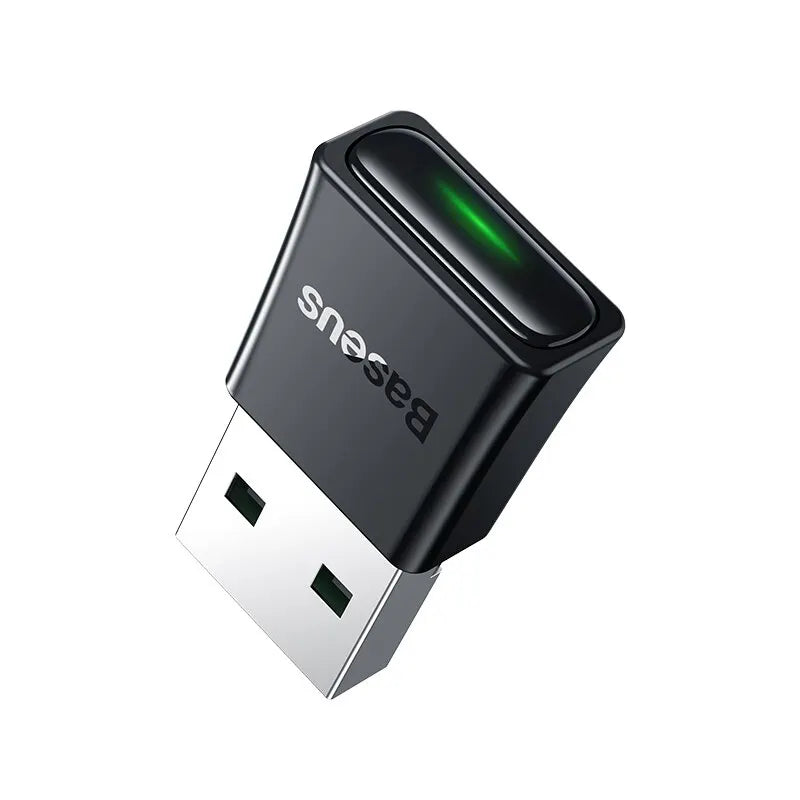 Black baseus ba07 usb bluetooth 5.3 dongle adapter with green led indicator as music audio receiver transmitter bluetooth