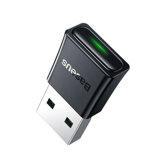 Black baseus ba07 usb bluetooth 5.3 dongle adapter with green led indicator as music audio receiver transmitter bluetooth