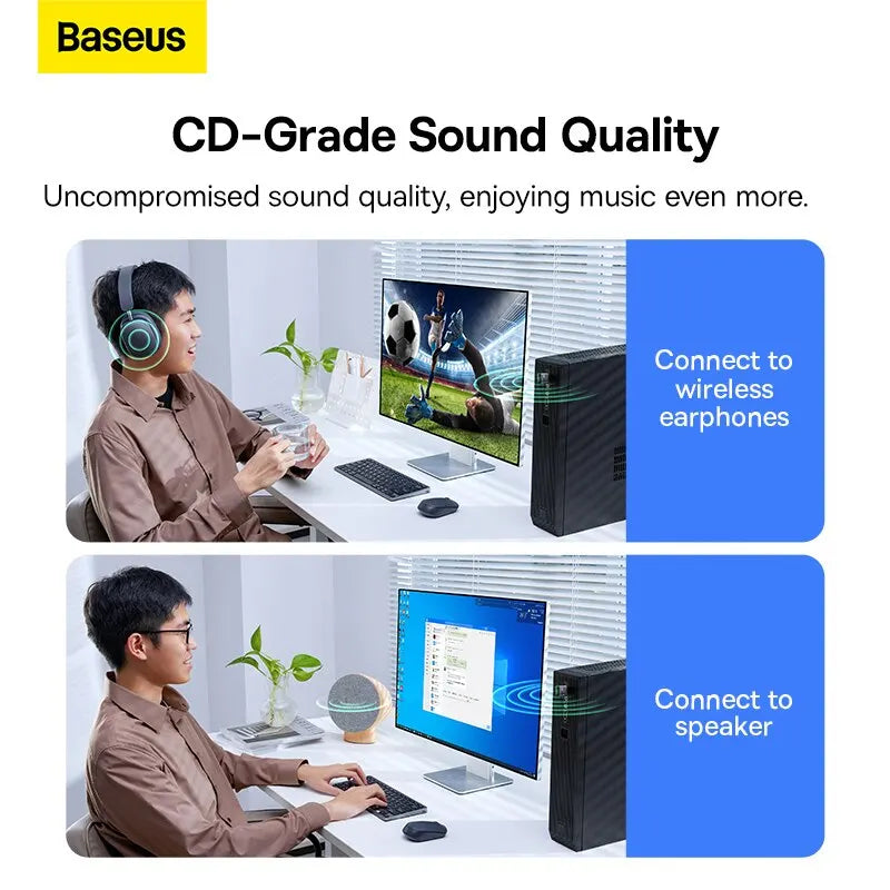 Baseus wireless headphones with sleek circular earcups paired with ba07 usb bluetooth 5.3 dongle adapter music audio receiver transmitter bluetooth