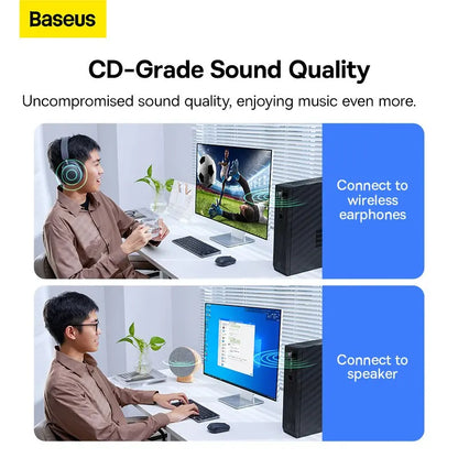 Baseus wireless headphones with sleek circular earcups paired with ba07 usb bluetooth 5.3 dongle adapter music audio receiver transmitter bluetooth