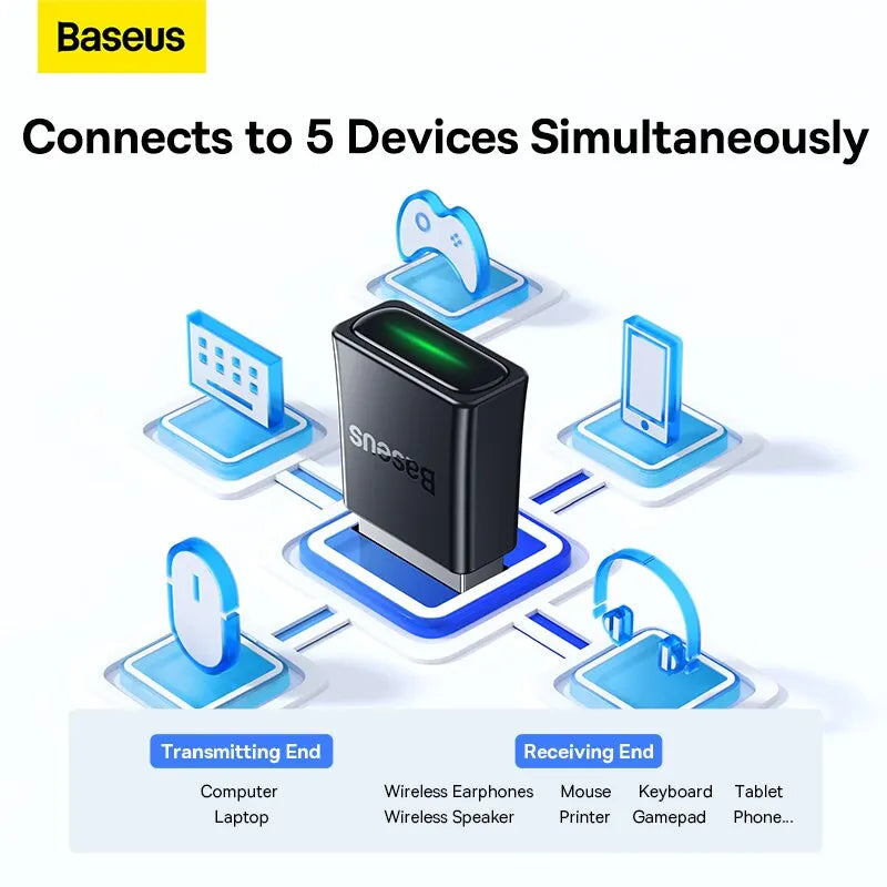 Black Baseus BA07 wireless charging hub with green illuminated top supporting five devices as a receiver transmitter Bluetooth dongle adapter