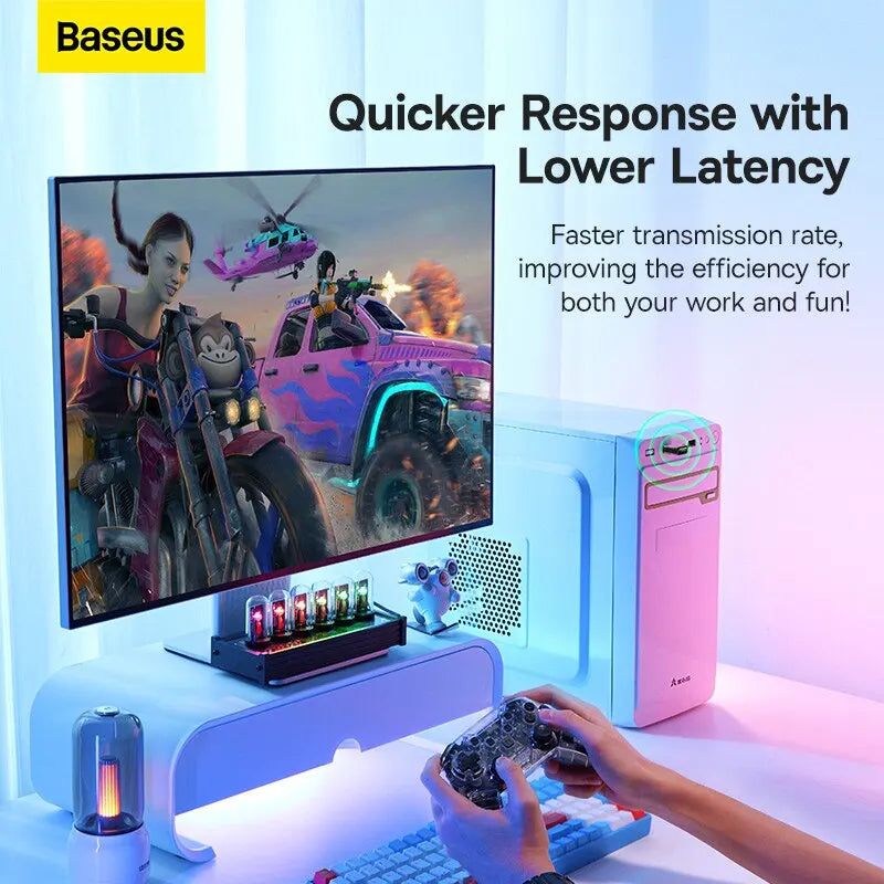 Baseus ba07 dongle adapter with sleek white stand and vibrant display designed as a receiver transmitter bluetooth device