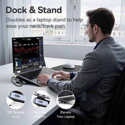 Silver metallic baseus eh3 12-in-1 laptop hub dock with 120° bracket arms and non-slip pads for stable triple display use