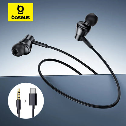Black baseus encok cz11 wired earphones with mic 120°angle soft silicone tips and 3.5mm jack wired design
