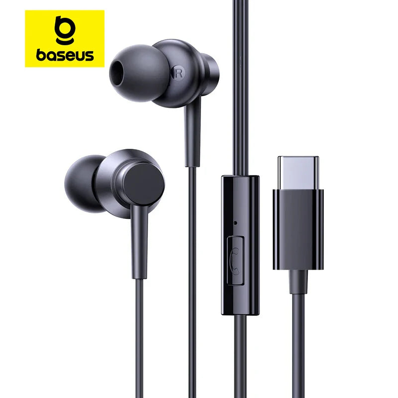 Black baseus encok cz11 wired earphones with mic 120 degree angle 5mm jack wired and usb-c charging cable