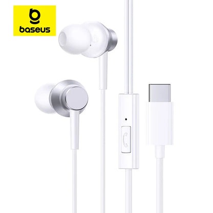White and silver baseus encok cz11 wired earphones with mic 120°angle and usb-c cable for laptops and phones