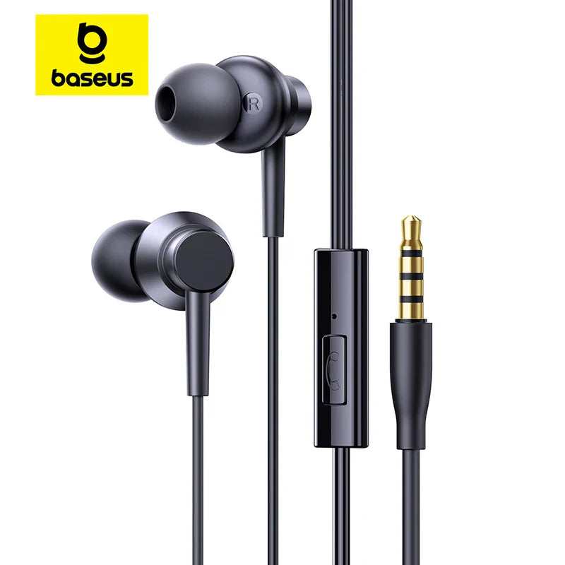 Black baseus encok cz11 wired earphones with matte finish mic 120°angle inline control and gold-plated 3.5mm jack