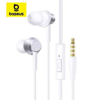 White and silver baseus encok cz11 in-ear headphones with mic 120°angle and gold-plated 3.5mm jack wired connection