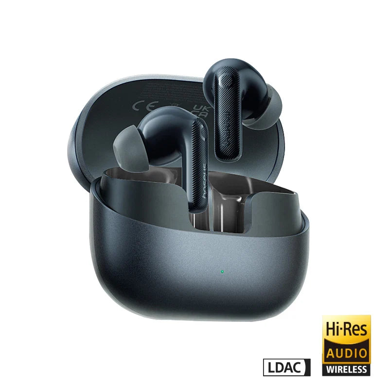 Black textured baseus ep10 pro realtime adaptive headphones in a sleek matte charging case with ldac ip55 ear protection