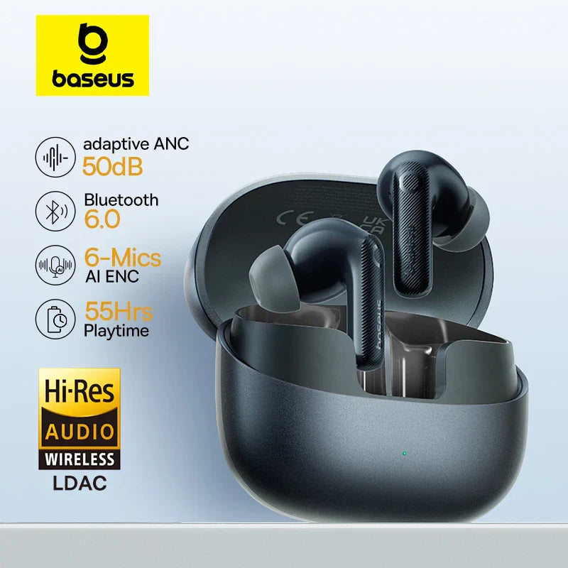 Black matte baseus ep10 pro realtime adaptive headphones with textured stems and ldac ip55 ear wireless charging case