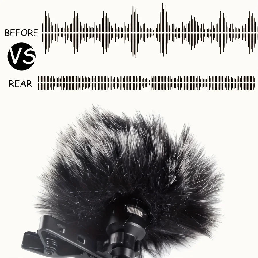 Basix plush lapel microphone cover in black faux fur with clip-on mount for windproof noise reduction use