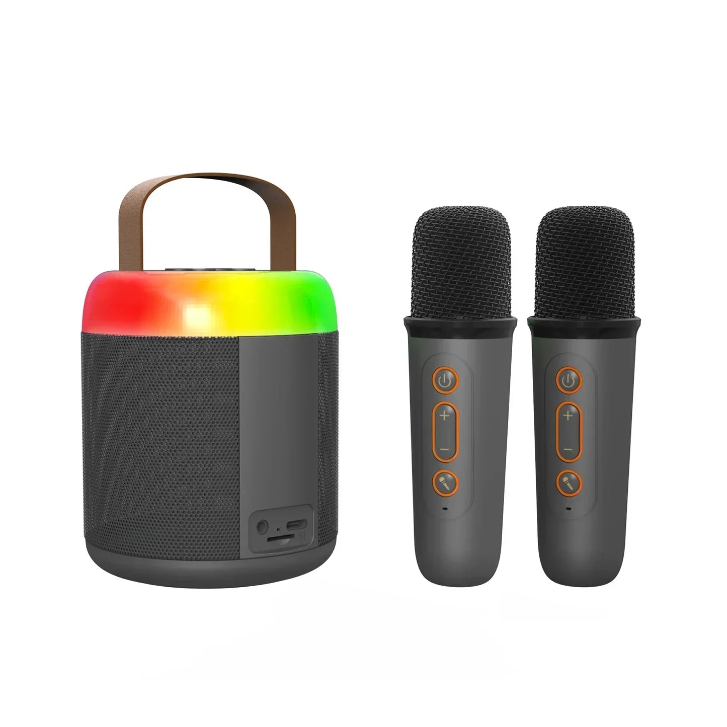 Basix speaker microphone with rainbow led light ring brown handle and two wireless bt outdoor karaoke microphones for home singing karaoke