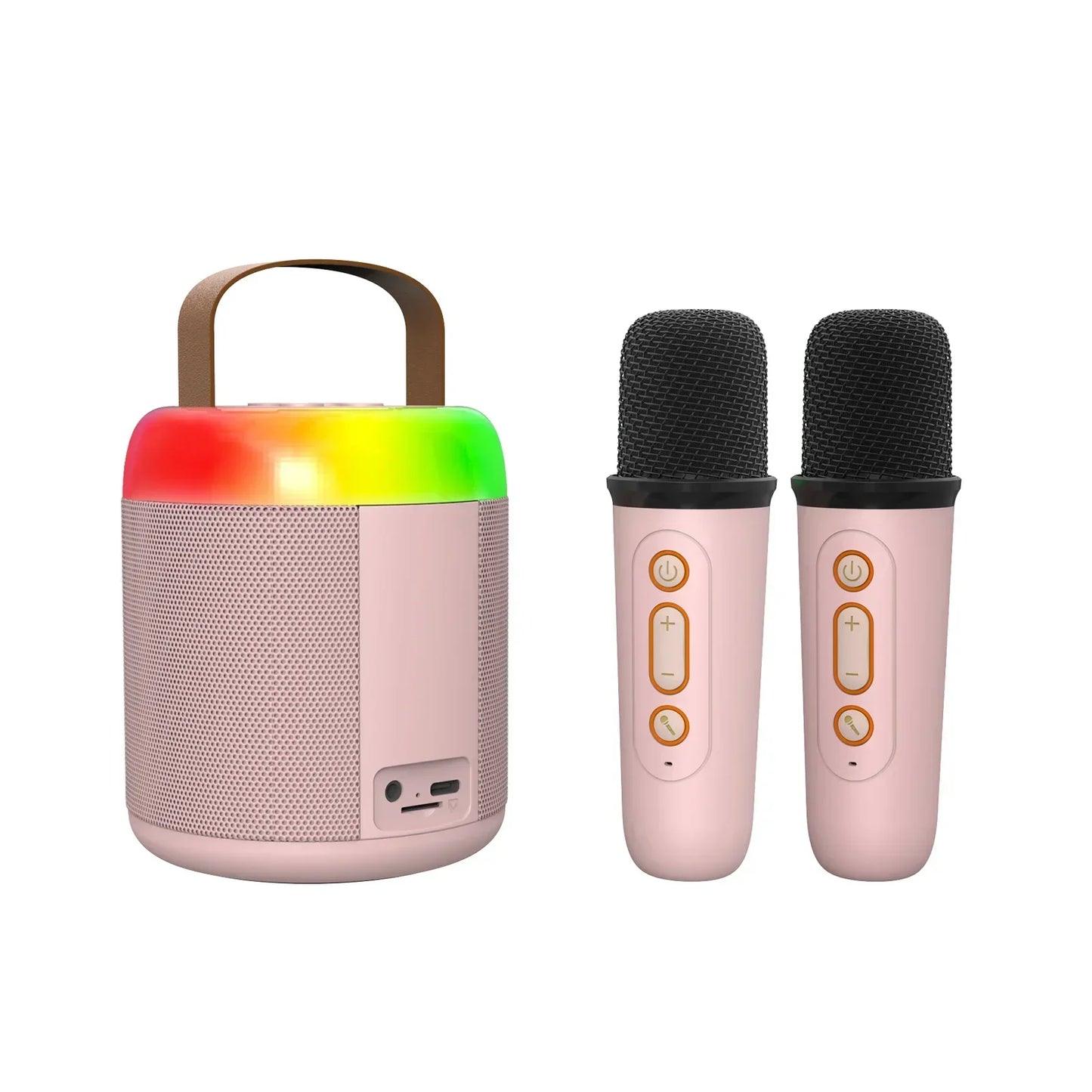 Pink basix speaker microphone wireless bt outdoor karaoke system with led light ring and two microphones for home singing karaoke