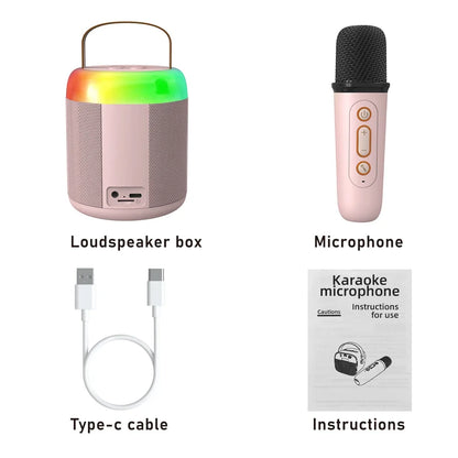 Pink basix speaker microphone with rainbow led light ring, mesh grille, and handle for wireless bt outdoor karaoke use