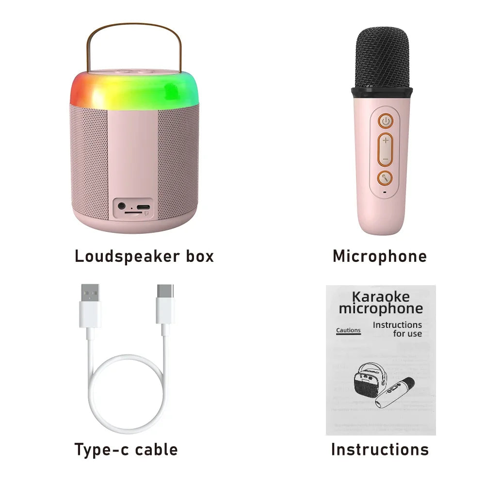Pink basix speaker microphone with rainbow led light ring mesh grille and carrying handle for karaoke family wireless use