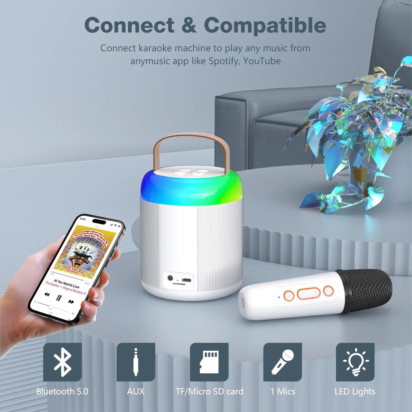 White cylindrical basix speaker microphone with colorful led ring and handle paired with wireless microphone for home singing karaoke and wireless bt outdoor use