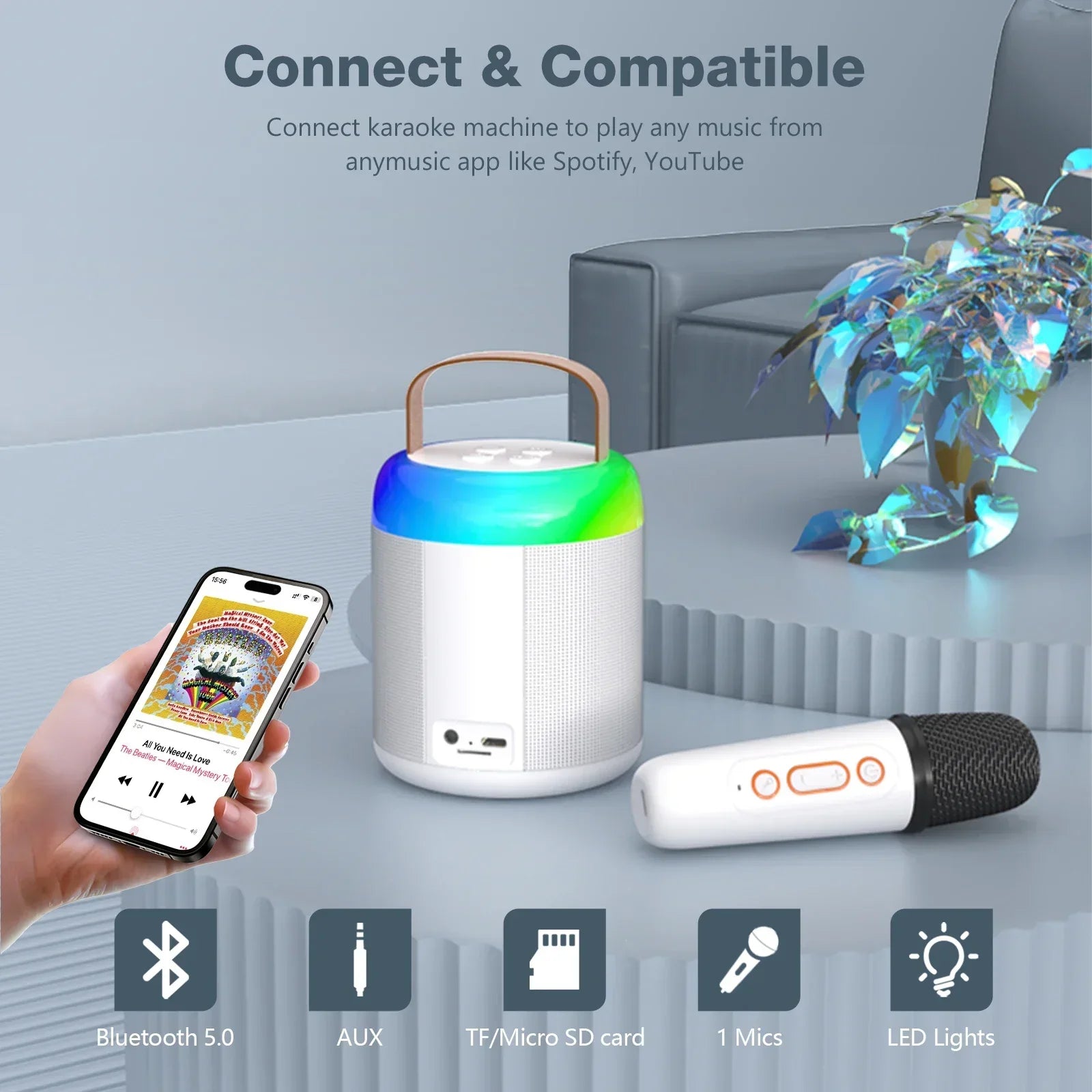 White cylindrical basix speaker microphone with colorful led ring handle and wireless microphone for karaoke family wireless use