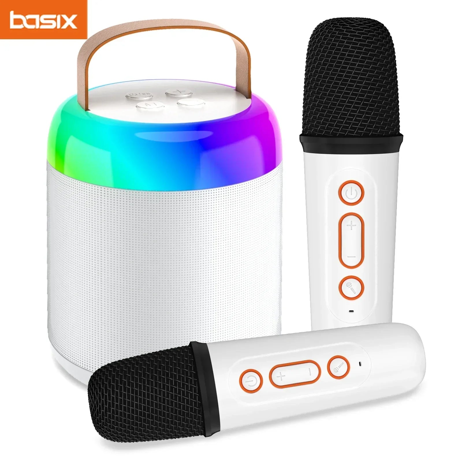 Basix speaker microphone with white portable speaker, rainbow led lighting, brown handle, and two white wireless bt outdoor karaoke microphones for home singing karaoke