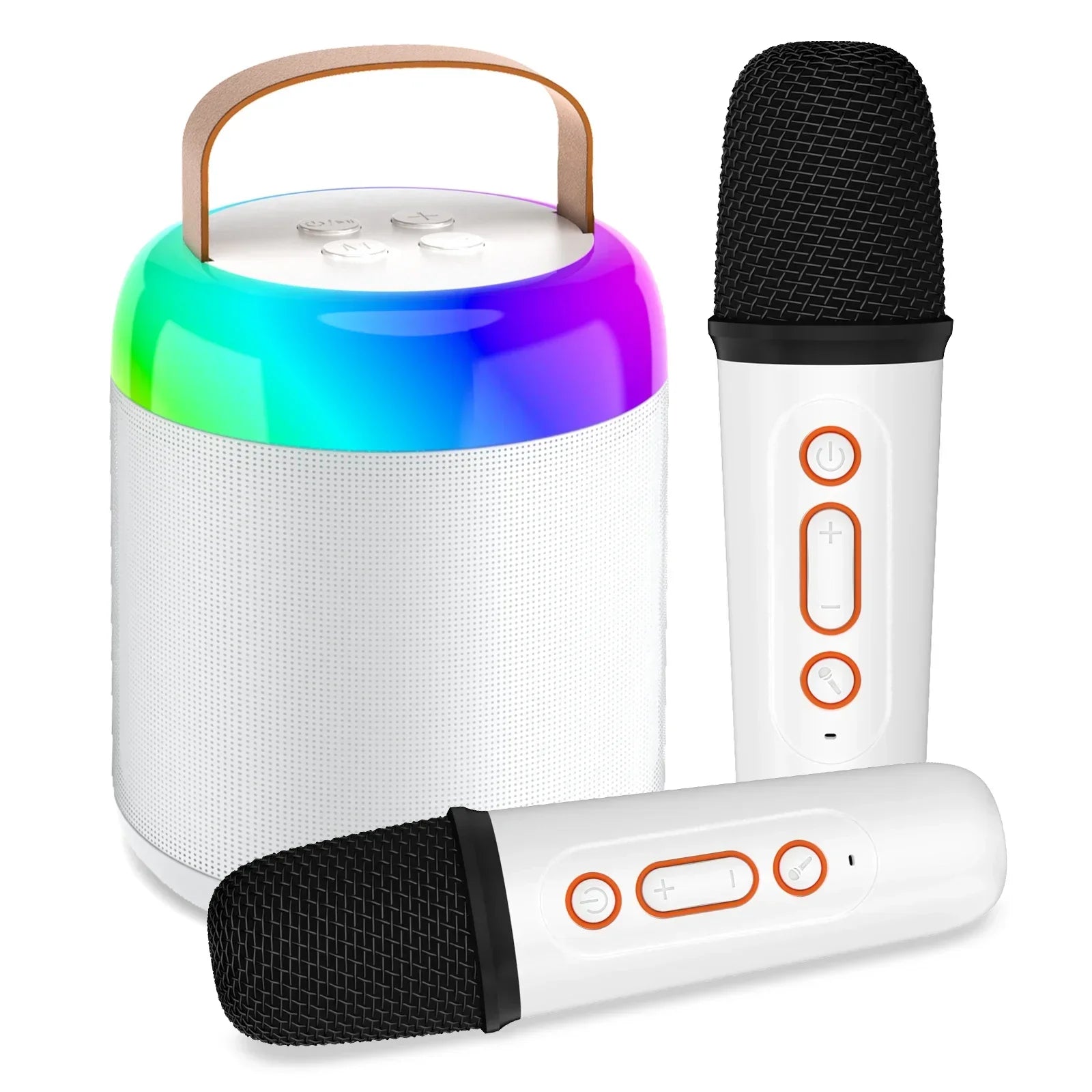 White basix speaker microphone with rainbow led lights wooden handle and two wireless karaoke family microphones