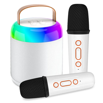 White basix speaker microphone with rainbow led lights wooden handle and two wireless karaoke family microphones