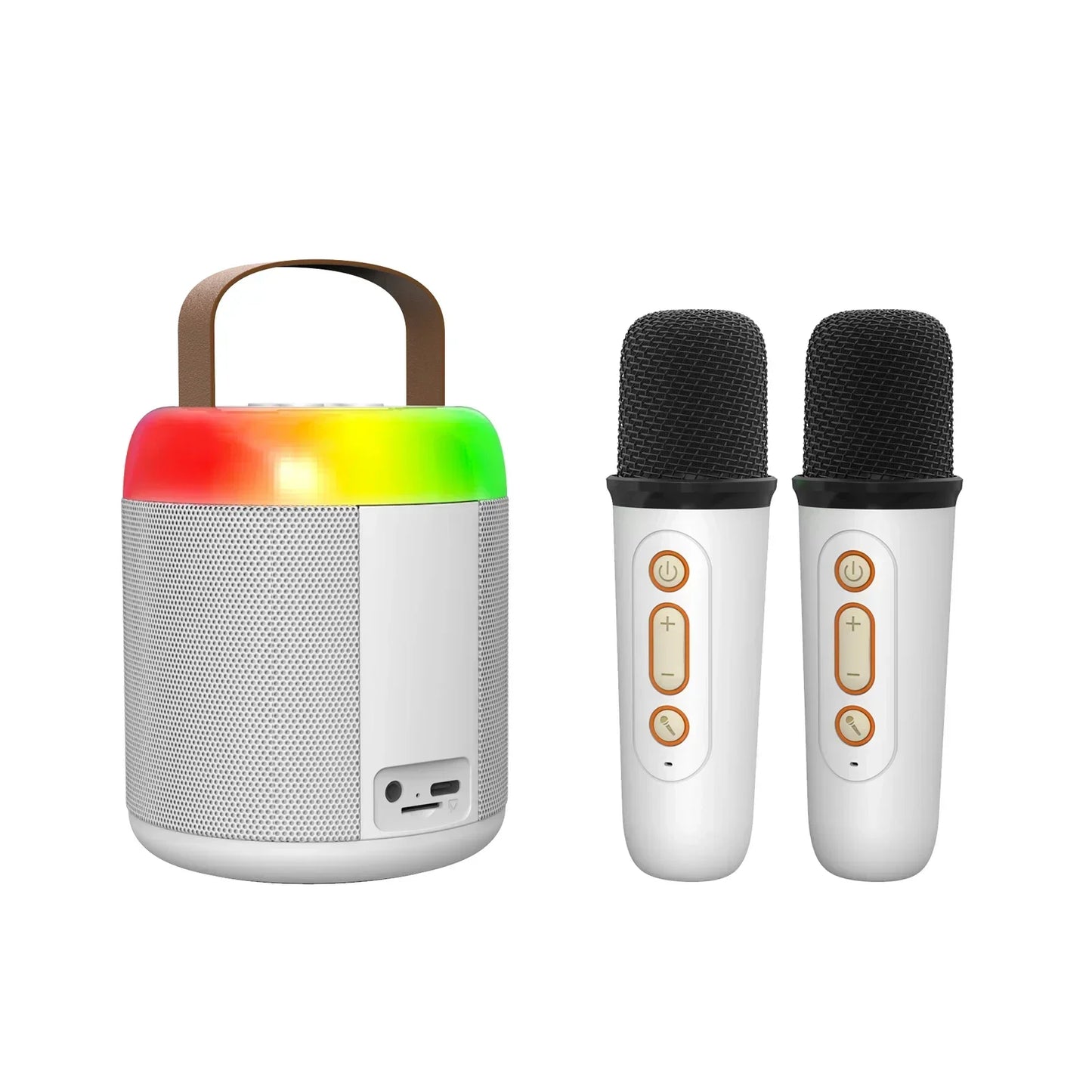 White basix speaker microphone with rainbow led light ring and brown handle paired with two white wireless karaoke family microphones
