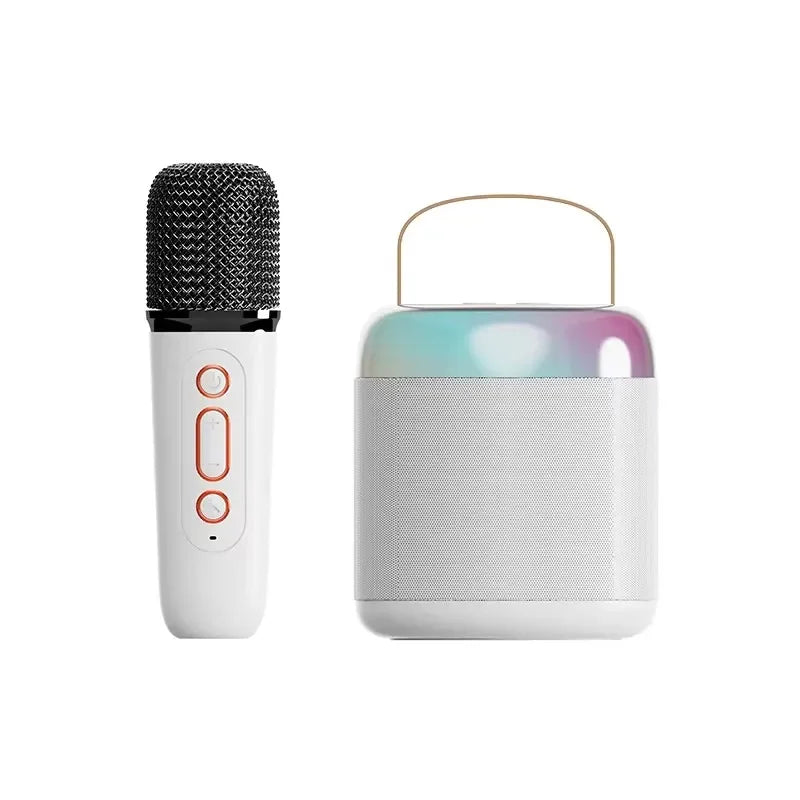 White basix speaker microphone wireless bt outdoor karaoke microphone with rose gold accents and rainbow led speaker for home singing karaoke