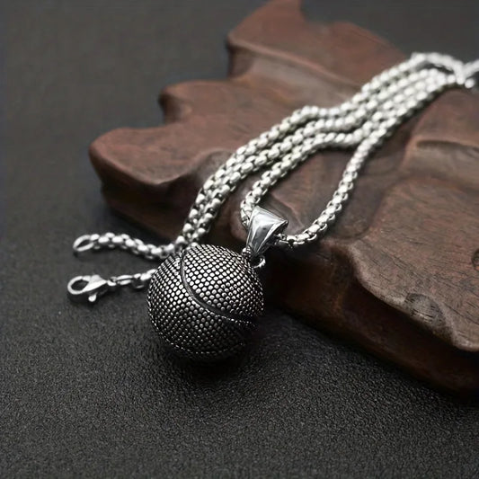 Silver basketball pendant hip necklace with textured dimpled surface and sturdy chain for personality street sports style pendant jewelry