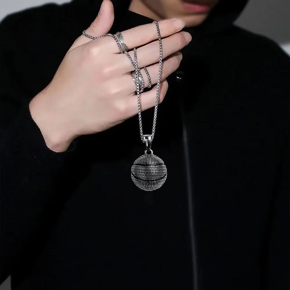 Silver basketball pendant hip necklace with textured mesh surface and sleek chain for personality street sports style jewelry