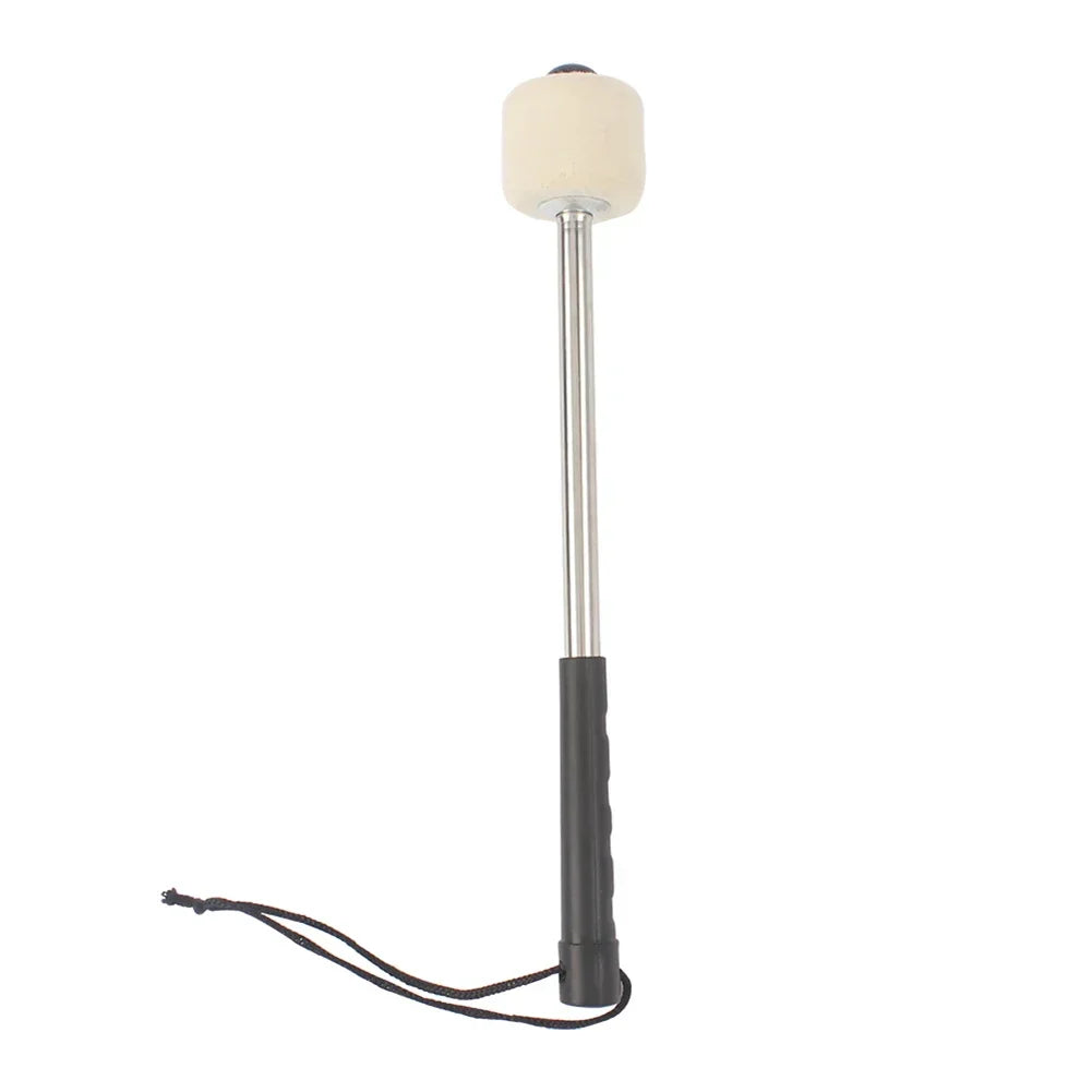 A sleek silver-tipped bass drum mallet with a soft white marching bass felt head and black grip with hanging rope musical accessory