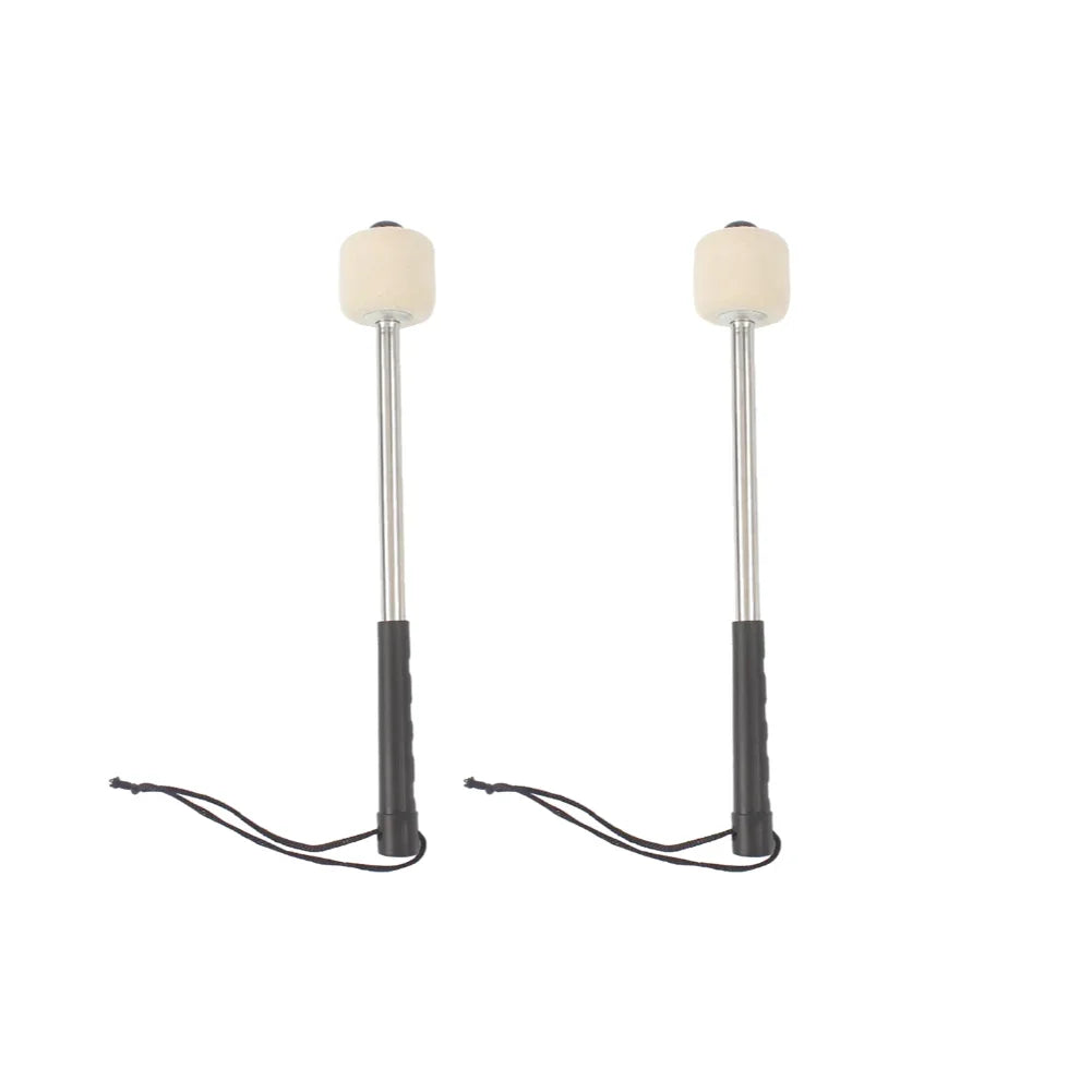 Pair of white-headed bass drum mallets with black textured handles, silver shafts, and hanging rope musical accessories