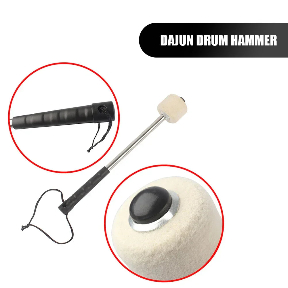 Black-handled bass drum mallet with white fuzzy felt head and black rubber tip featuring hanging rope musical accessory
