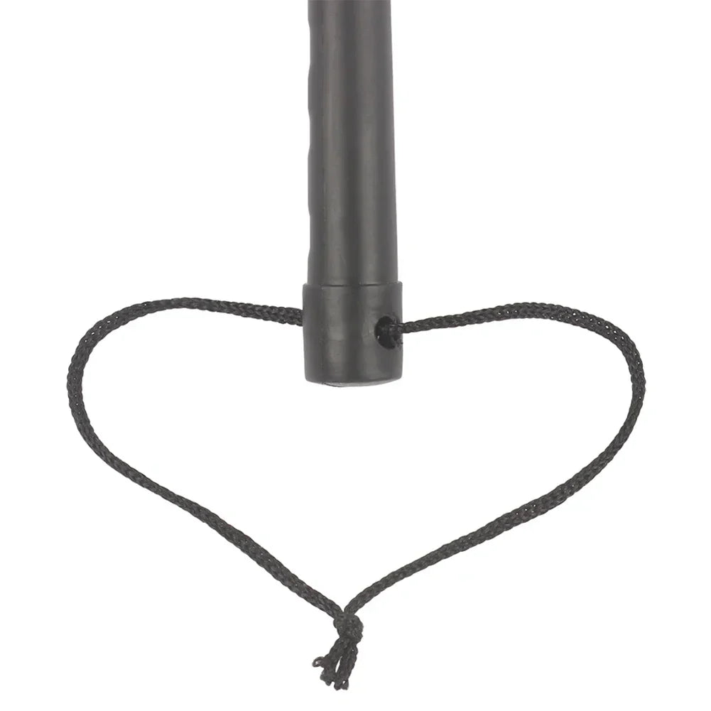 Black heart-shaped rope handle attached to a matte black cylindrical pole of bass drum mallet with hanging rope musical accessory