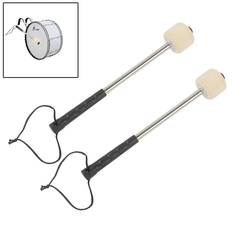 Pair of bass drum mallet with black textured grips, silver shafts, cream marching bass felt heads and hanging rope musical accessory
