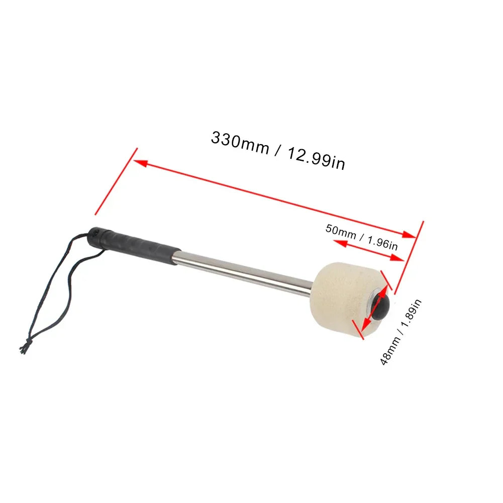 Silver metal bass drum mallet with black grip cream felt marching bass felt head and hanging rope musical accessory