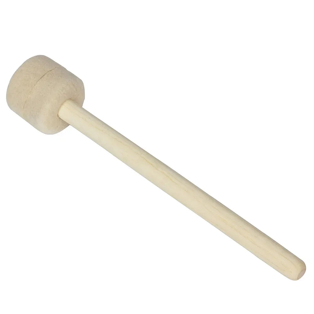 A light-colored bass drum mallet with wool felt head and slender wood handle for percussion instruments