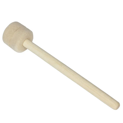 A light-colored bass drum mallet with wool felt head and slender wood handle for percussion instruments