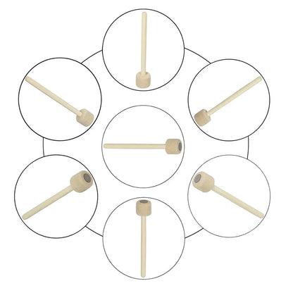 Set of seven bass drum mallets with wood handle and light-colored wool felt heads for percussion instruments