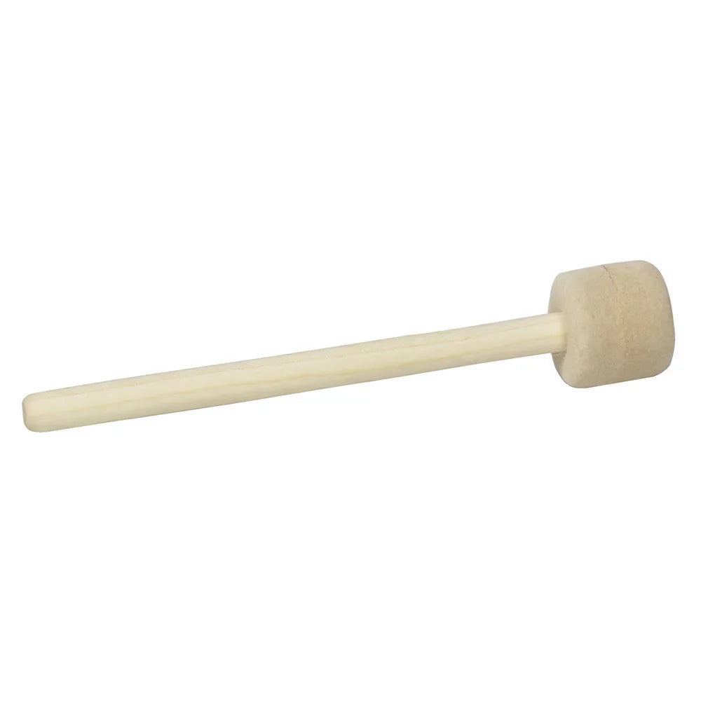 Unfinished bass drum mallet with wool felt head and smooth light-colored wood handle for percussion instruments