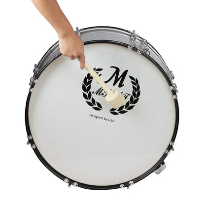 White bass drum with black rim and chrome hardware featuring wool felt bass drum mallet with wood handle and laurel logo