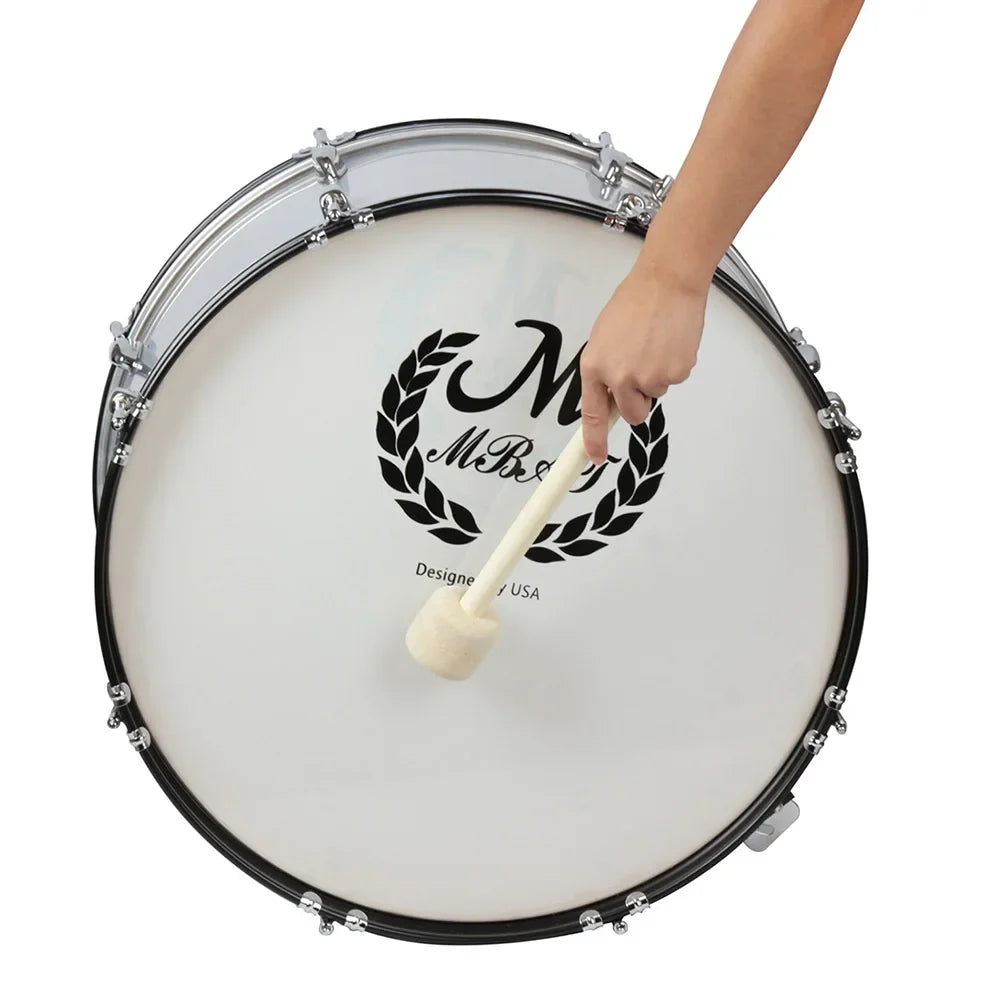 White bass drum with chrome hardware and m.b.&j. logo paired with wool felt bass drum mallet with wood handle