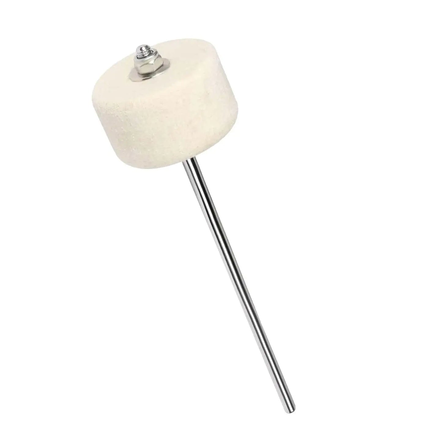 Cream-colored cylindrical bass drum pedal beater with metallic threaded attachment and long chrome-plated metal shaft