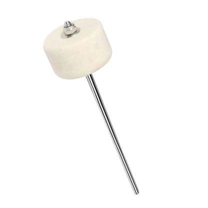Cream-colored cylindrical bass drum pedal beater with metallic threaded attachment and long chrome-plated metal shaft