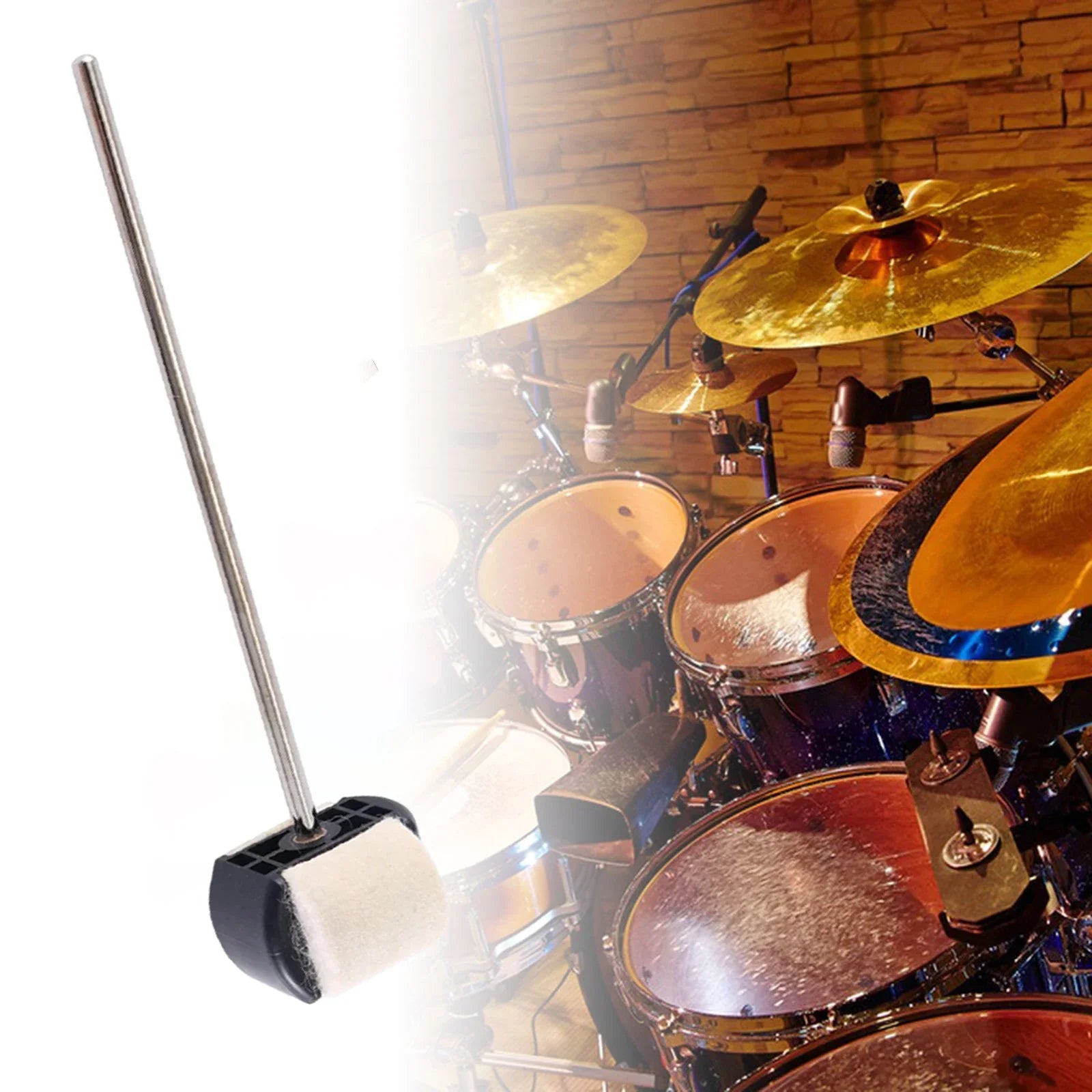A sleek black and white pedal beater drum brush with a long metal shaft for bass drum and drum pedal use