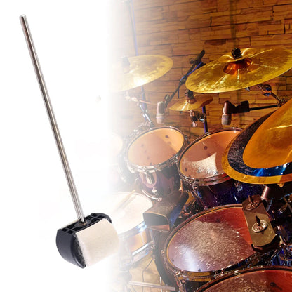 A sleek black and white pedal beater drum brush with a long metal shaft for bass drum and drum pedal use