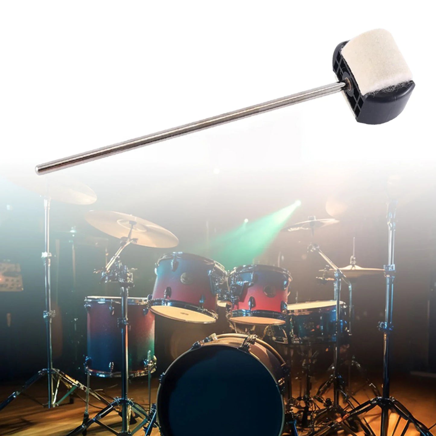 A sleek metallic bass drum pedal beater with black handle and white felt tip for durable drum pedal use