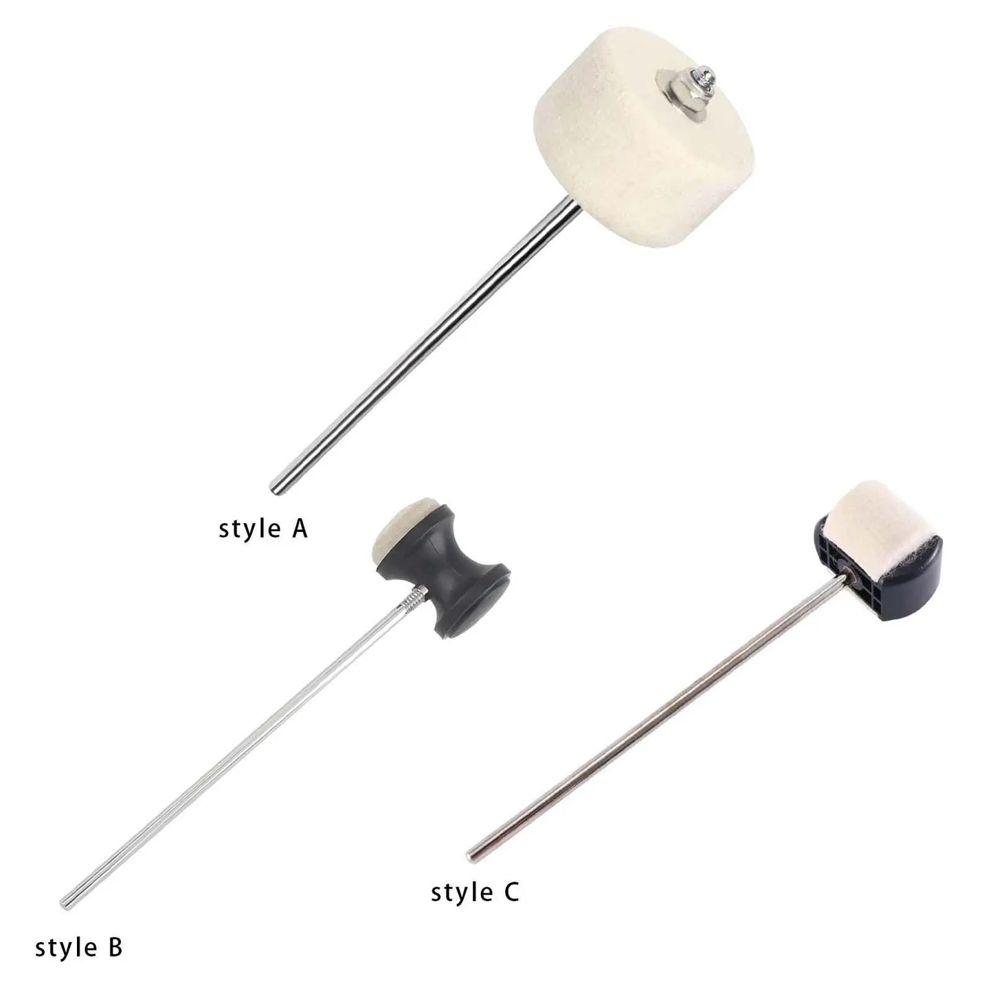 Three white-headed drum pedal beaters with durable metal shafts for bass drum replacement and anti slip performance
