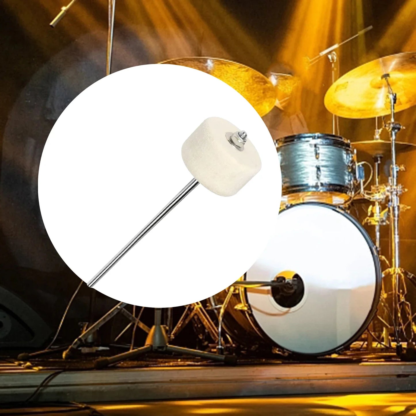 White felt bass drum pedal beater with a metallic silver metal shaft for durable anti slip drum pedal use