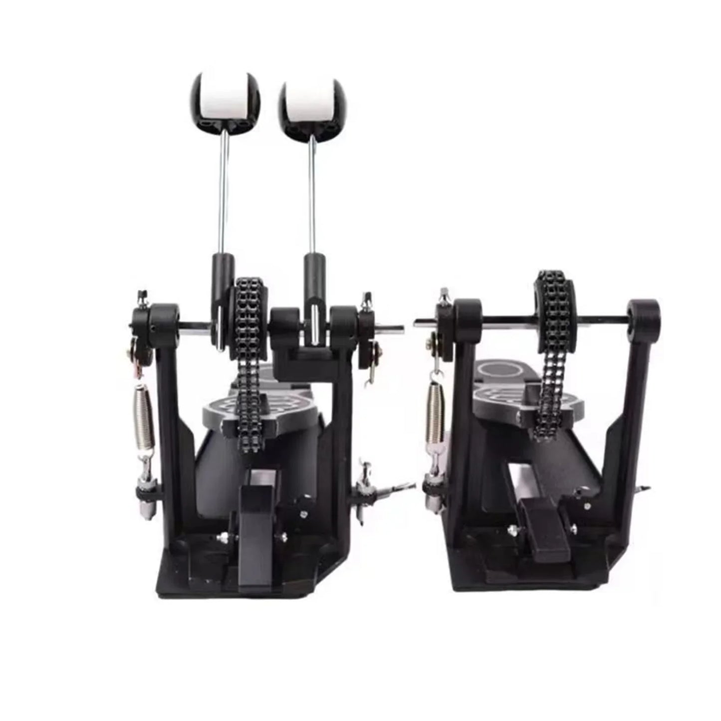 Black double drum pedal with chrome accents white rubber tips zinc aluminum for stable powerful drumming