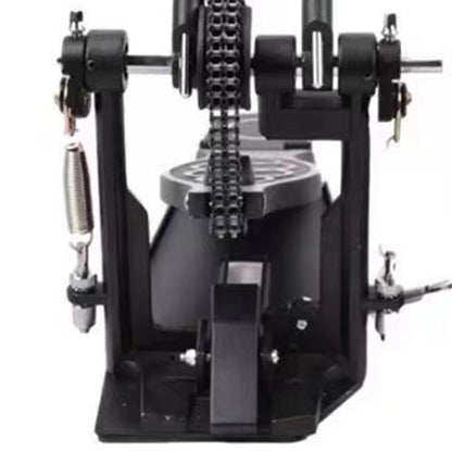 Black metal double drum pedal with chain mechanism and adjustable tension screws zinc aluminum for stable powerful use