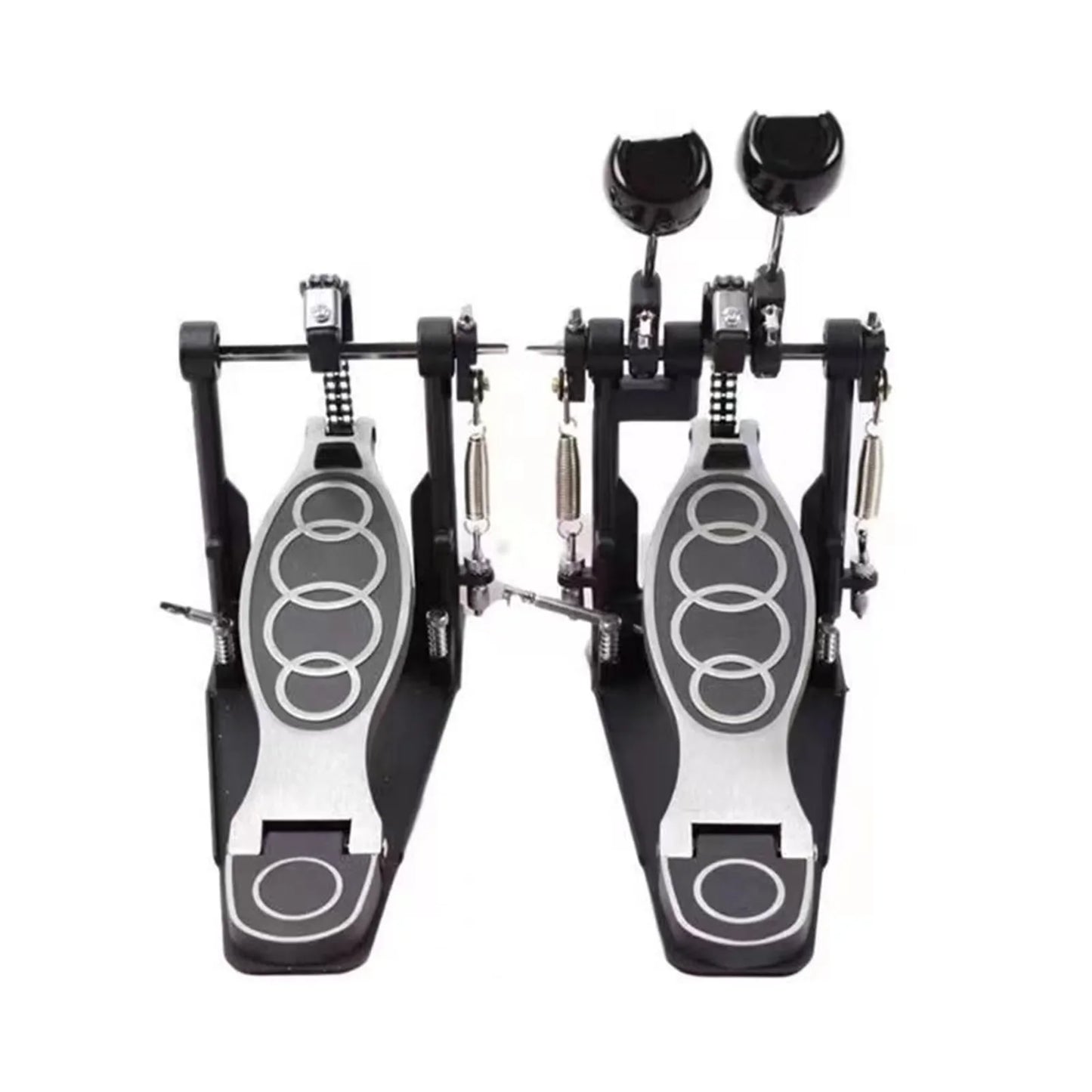 Black and silver zinc aluminum double drum pedal with circular grip pattern footplates firm grip and stable power